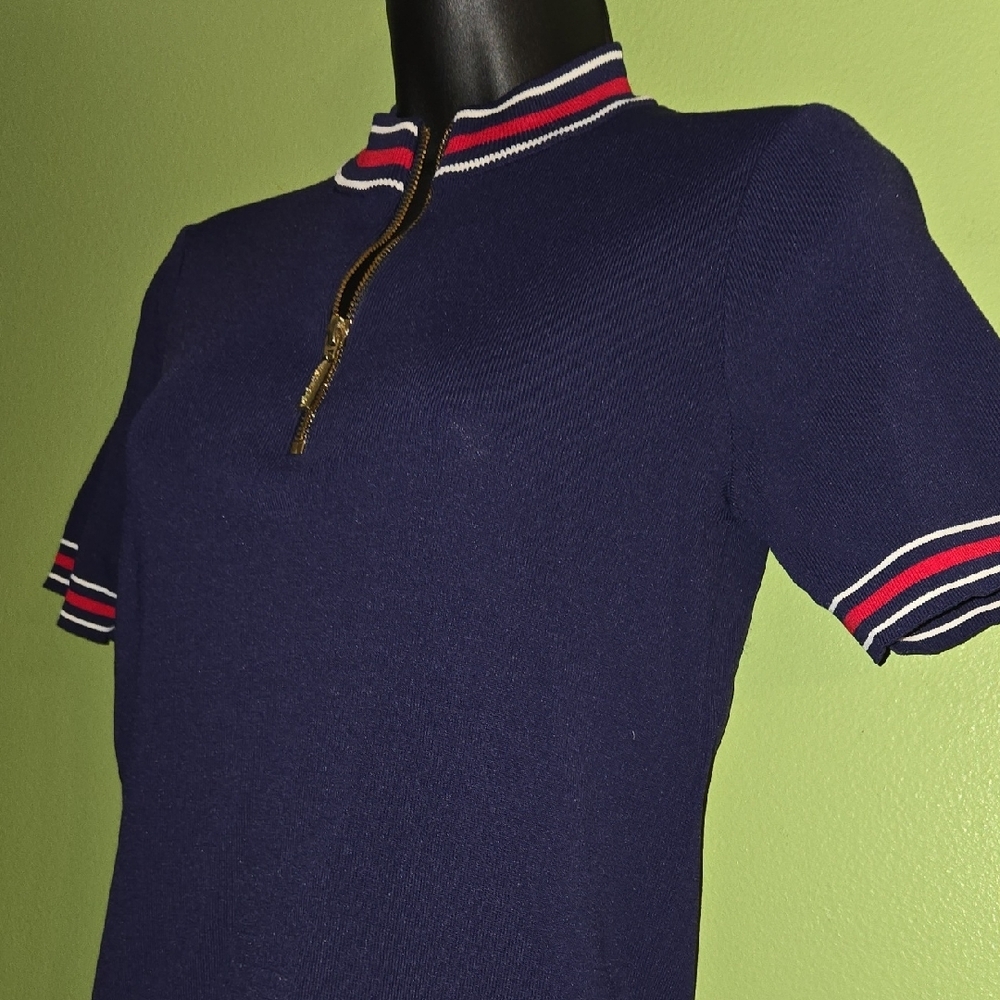 Navy Blue Short Sleeve Top with Red and White Stripes